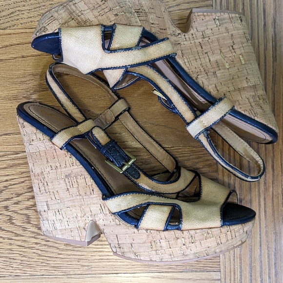 Vintage Blue & White Wedge Sandal - Picture 1 of 14